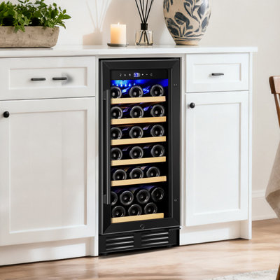 15 Inch Single Zone Wine Refrigerator, Mini Wine Cooler, Holds 30 Bottles, Built-In or Freestanding with LED Light, Safety Lock, Removable Shelves – In Silver and Black Options