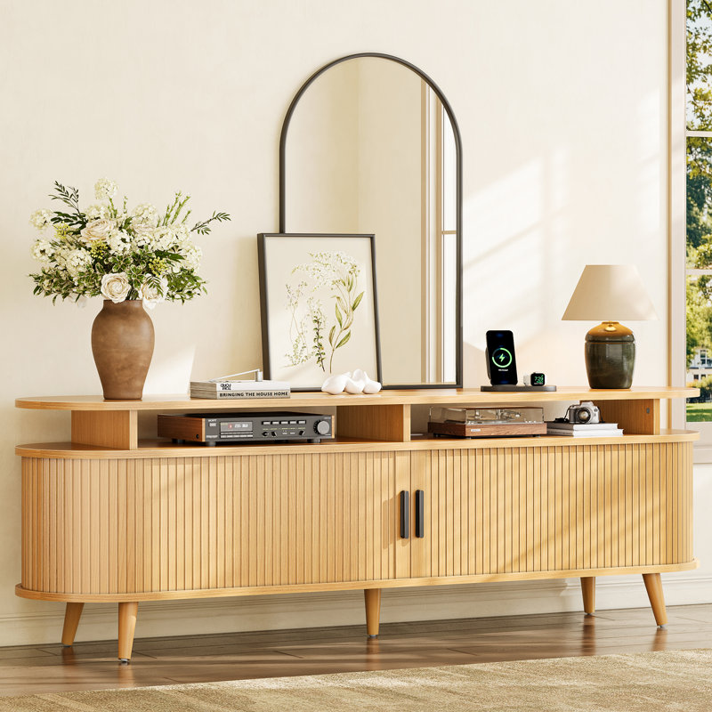 Meuble télé 70 po avec prise de courant et tablettes, console de télévision moderne, meuble télé Mid-Century et console multimédia pour téléviseur de 55 po à 85 po