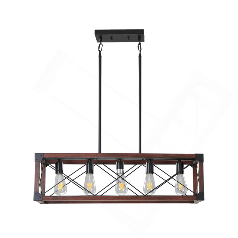 Luminaire suspendu de style campagnard industriel en bois rouge 32 po, lustre 5 lumières pour salle à manger, îlot de cuisine, décor de café