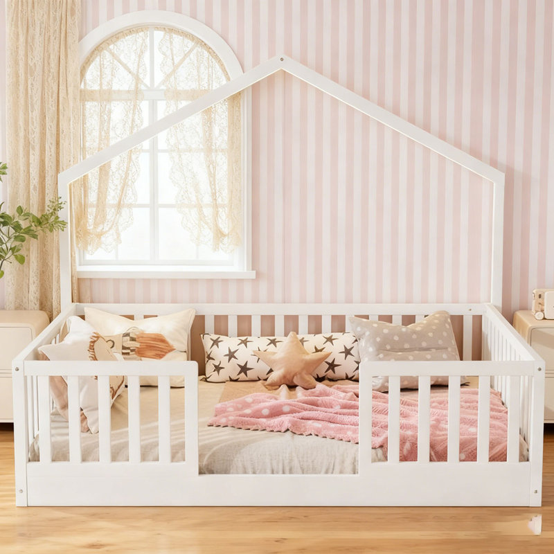 Lit sur pied avec rails hauts, lit Montessori en bois avec lumière, Simple, Blanc