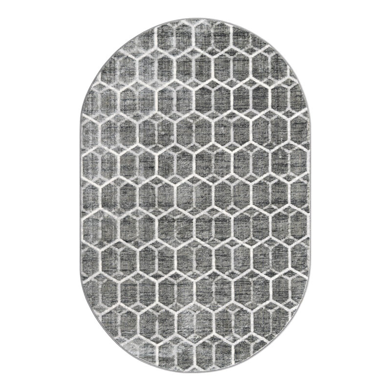 Tapis gris / ivoire Jabrayah, Ovale 5 pi 3 po x 8 pi
