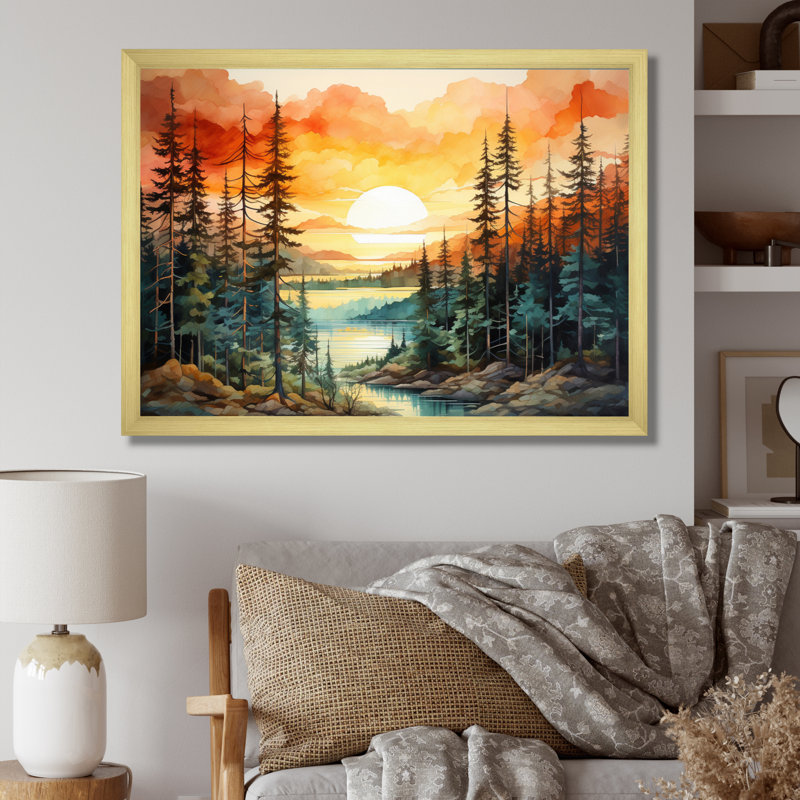 Pin, coucher de soleil brillant II - Pin, art mural, Cadre doré simple, H 24 po x l 32 po x P 1 po
