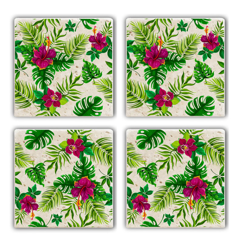 Stoneware Square 4 Piece Coaster Set, Red/Green Flower