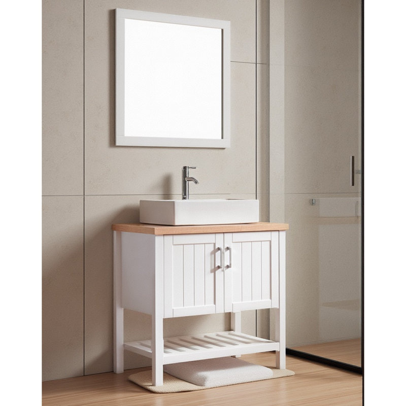 Conception moderne de meuble-lavabo en bois massif pour petite salle de bain avec lavabo artistique au-dessus du comptoir