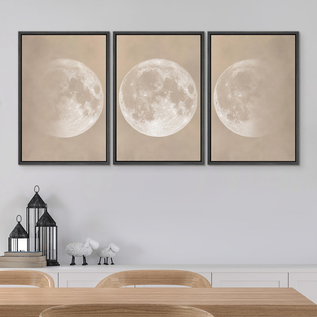 " Beige And Gray Toned Full Moon - Minimalist Lunar Modern Artwork - Neutral Master Bedroom Wall Decorations" 3 Pieces on Canvas Print Framed Wall Art wall26 Frame