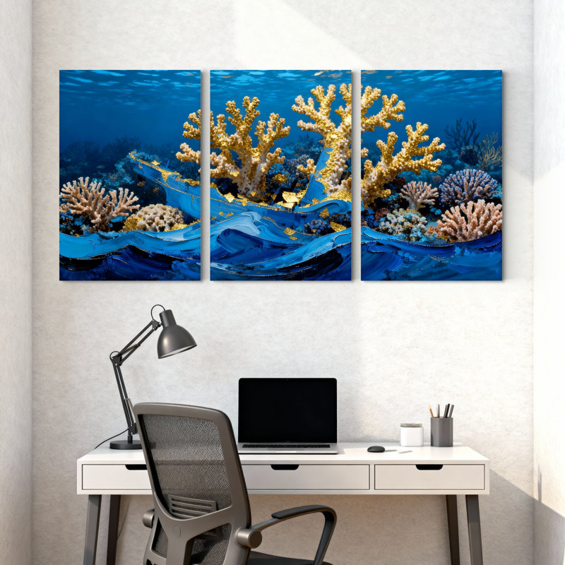 Scène de récif corallien sous-marin avec vagues bleues, ensemble de 3 impressions sur toile, H 24 po x l 48 po