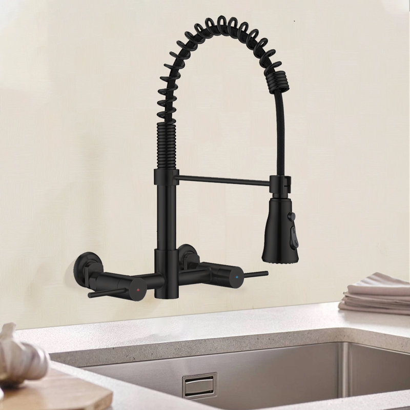 Topcraft Two Handle Wall Mount Bridge Kitchen Faucet, Matte Black