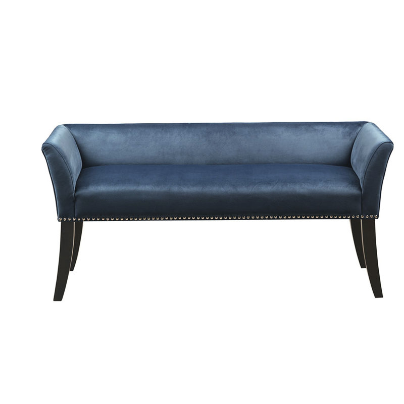 Charming Blue Upholstered Seat Bench - Solid Wood And Plywood Base Accent & Construction With Flared Arms, Blue