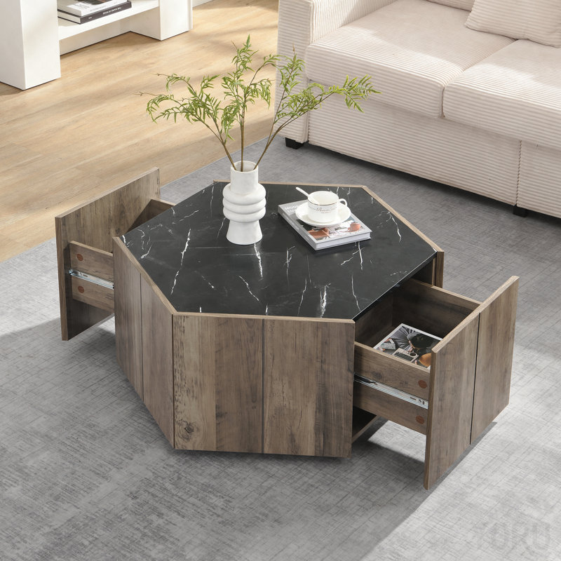 Table basse hexagonale rustique en bois rétro avec 2 tiroirs cachés, Noir, Marron clair