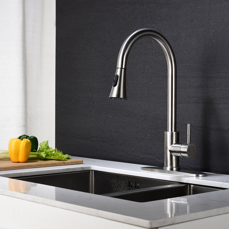 Pull Out Spray Kitchen Faucet, Brushed Nickel Embellished, Stainless Steel Composed, 360 Rotating Nozzle, Single Handle For Convenient Water Flow Management Faucet With Head, Constructed, Nozzle