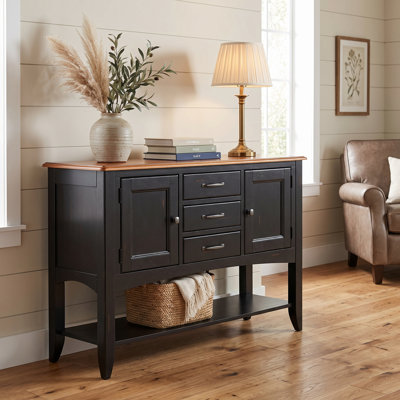 Buffet avec grande tablette Zechari | 3 tiroirs 2 armoires de rangement | Blanc antique et brun châtaignier