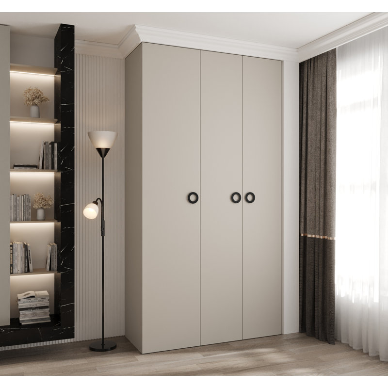 3 Door Wardrobe, 245cm H x 130cm W x 50cm D, Cashmere/Black Hanlde