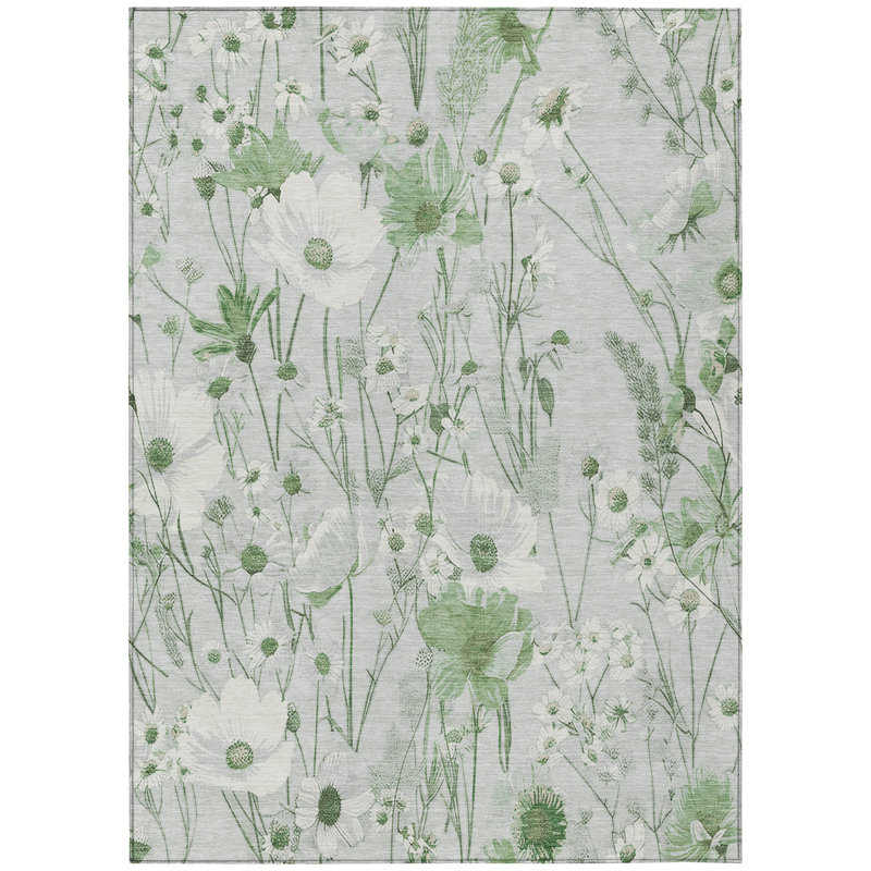 Mint Green Floral Washable Rectangular Rug 2'6" x 3'10"