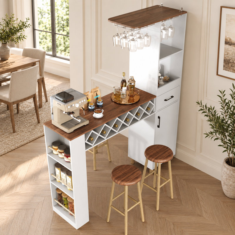Table de bar moderne de 46 pouces avec meuble à vin et porte-verres, Blanc