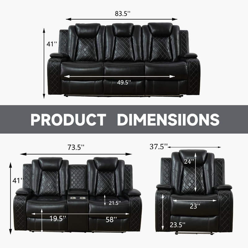 Alvon 3 Pieces of Storage Arm Vegan Leather Power Reclining Sofa Set with Lighting