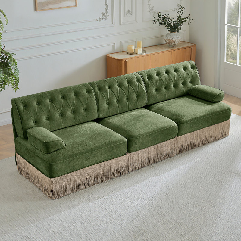 3-Seater High Quality Velvet Fabric,Cloud Modular Sectional,Tassel Skirt,Button Tufted Design,High-Density High Resilience Foam,Easy To Assemble,Premium Wooden Base,For Living Room Study,Green
