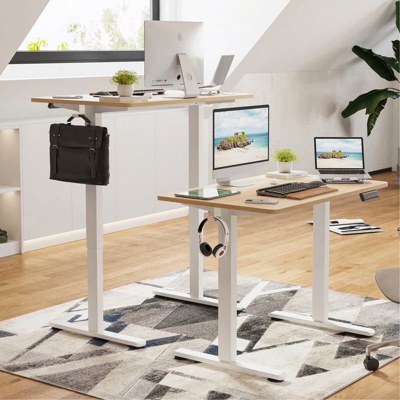 Bureau de travail électrique à hauteur réglable, Naturel, Blanc