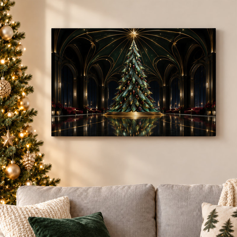Arbre vert avec étoile dorée dans le couloir de la cathédrale, art mural de Noël, H 24 po x l 36 po