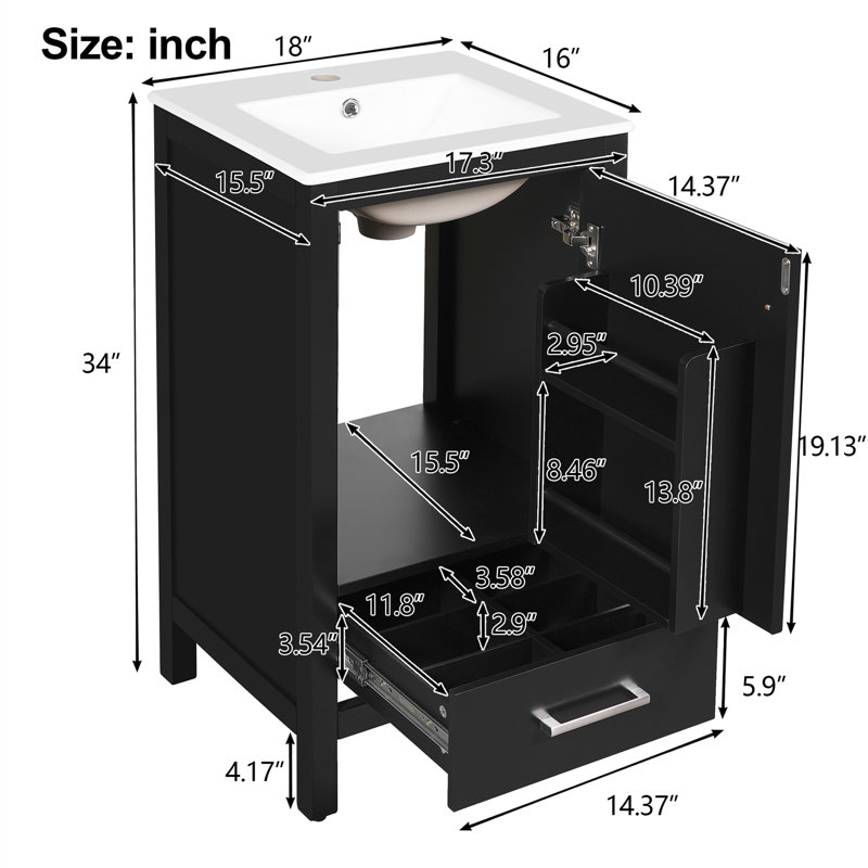 Meuble-lavabo simple autoportant de 18 po avec porte à fermeture douce, tiroir et support, Noir