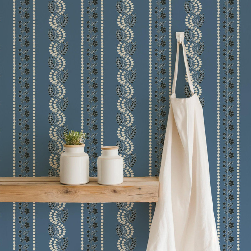 Lady Charlotte Botanic Stripe 10' L x 24" W Peel and Stick Wallpaper Roll, Non-pasted, Faux Grasscloth, Blue Salt