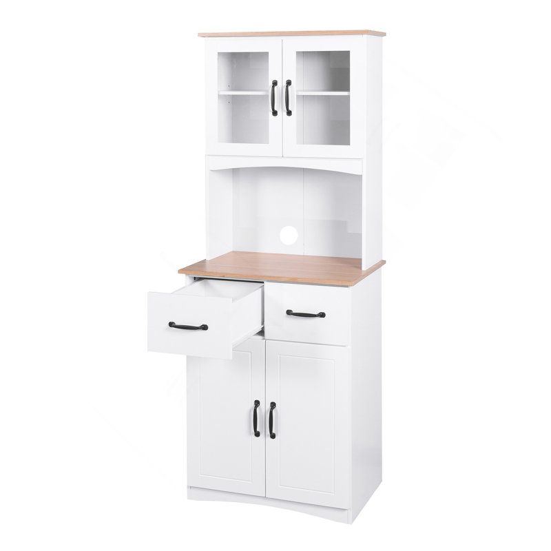 Armoire de cuisine en bois avec garde-manger et micro-ondes avec portes en verre encadrées et tiroir
