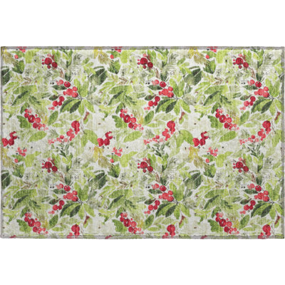 Premium Machine Washable Dockside AMF1816 Watercolor Mistletoe Berry Rug