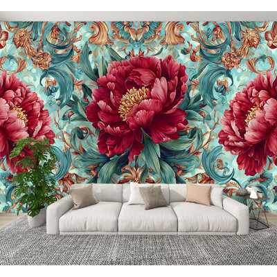 Papier peint pelez et collez, pivoines florales de luxe rétro H 100 po x l 144 po, papier mural amovible en PVC auto-adhésif pour chambre à coucher, salon, bureau à domicile