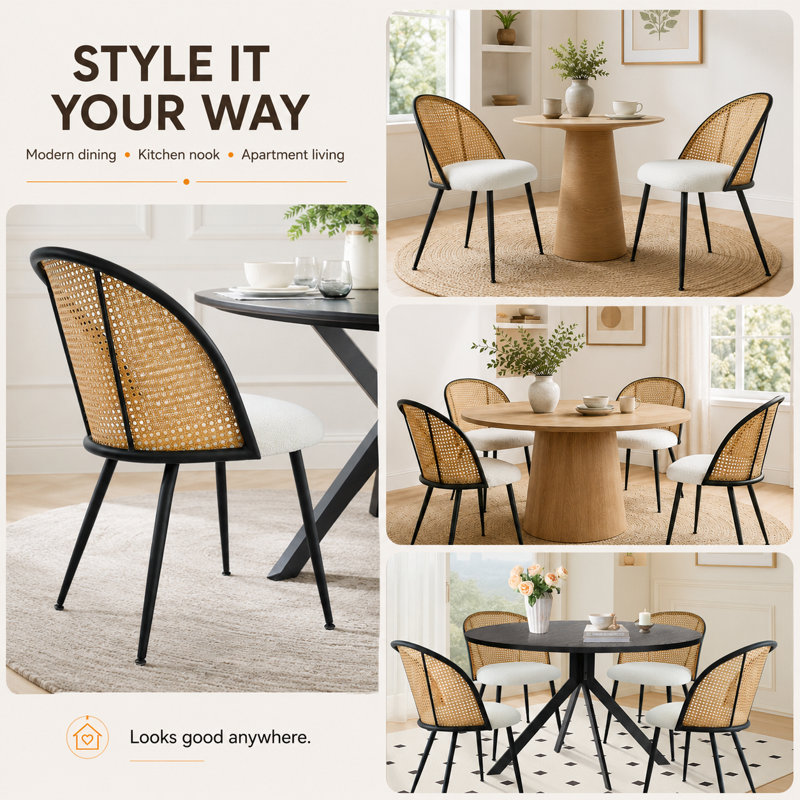 Ensemble de 4 chaises d'appoint de salle à manger en rotin moderne avec structure en métal noir, blanc