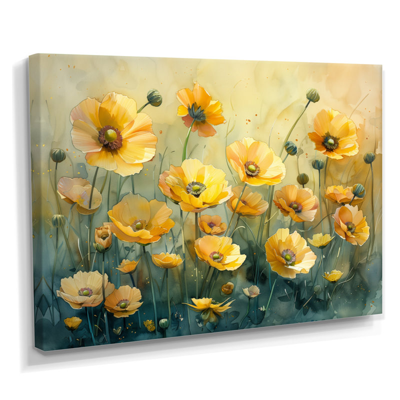 Décoration murale jaune avec bouton d'or jaune et brise de fleur III - Buttercups, Toile tendue, H 16 po x l 32 po x P 1 po