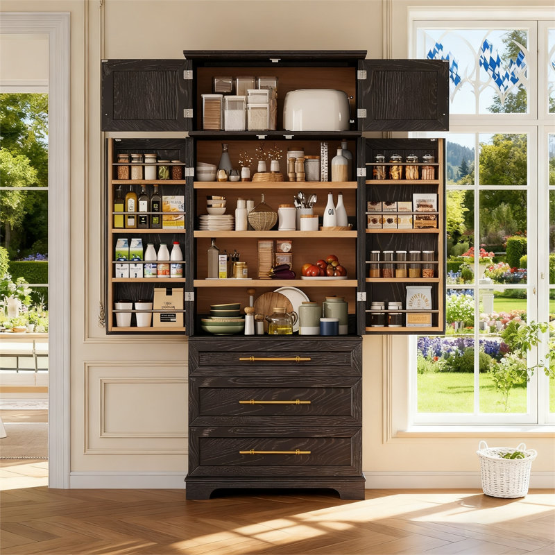 Grand garde-manger de style campagnard de 78,2 po avec 8 tablettes de porte, 3 tablettes réglables et 3 grands tiroirs - grande armoire de rangement pour la cuisine, la salle à manger et la salle de bain