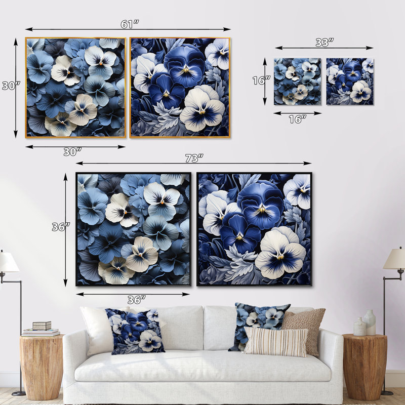 Minimalisme «Pansies In The Shadows» - Ensemble de 2 collages carrés, Cadre flottant blanc, H 36 po x l 73 po