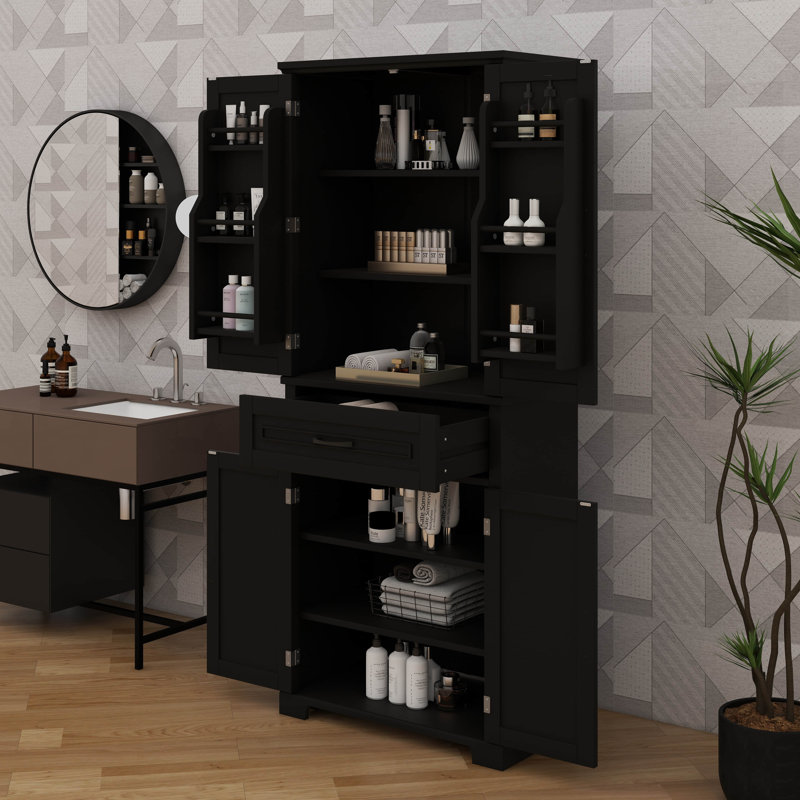 Armoire de rangement pour salle de bain équipée de portes et de tiroirs pour un rangement abondant, Noir