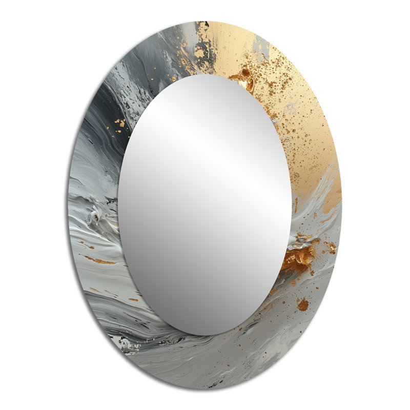 Abstrait marbre dans les tons gris et or VI - grand miroir mural ovale sur métal, 40 po x 30 po