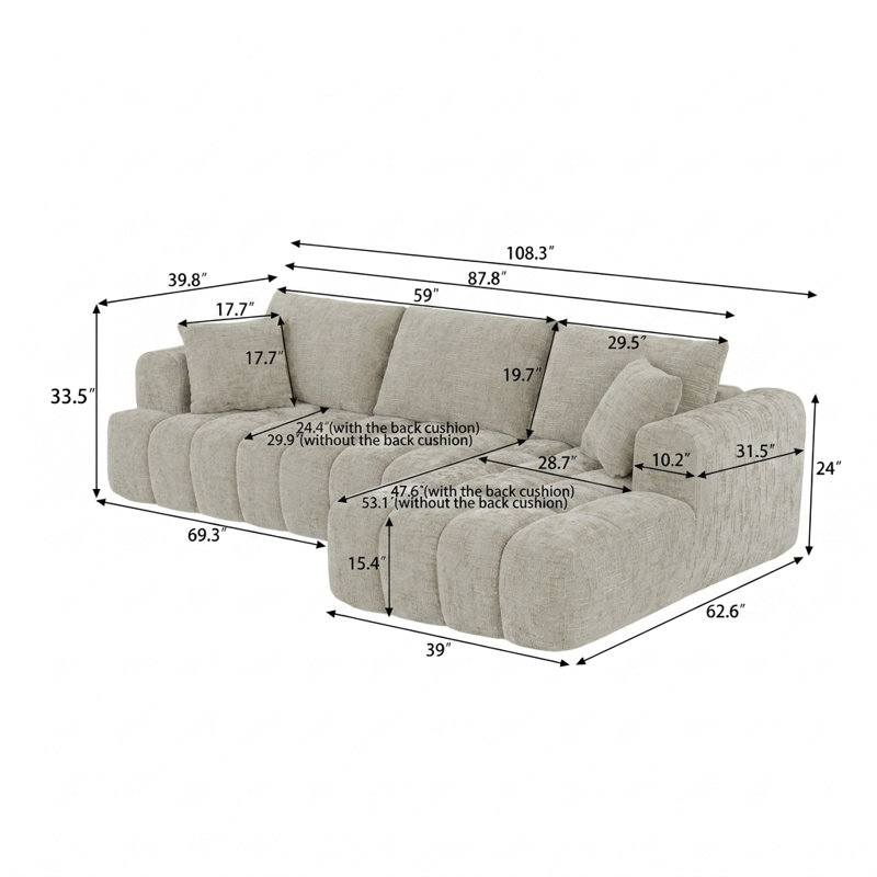 Canapé Boneless, canapé modulaire en L Chenille, Khaki, Right Hand Facing