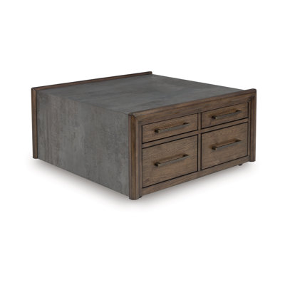 Kio Coffee Table, 40 Inch Square Faux Cement Top And 8 Drawers, Brown