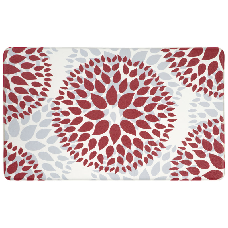 Modern & Contemporary Floral Synthetic Water Resistant Anti-Fatigue Non-Skid Kitchen Mat, Rectangle 1'6" x 3'11", Red