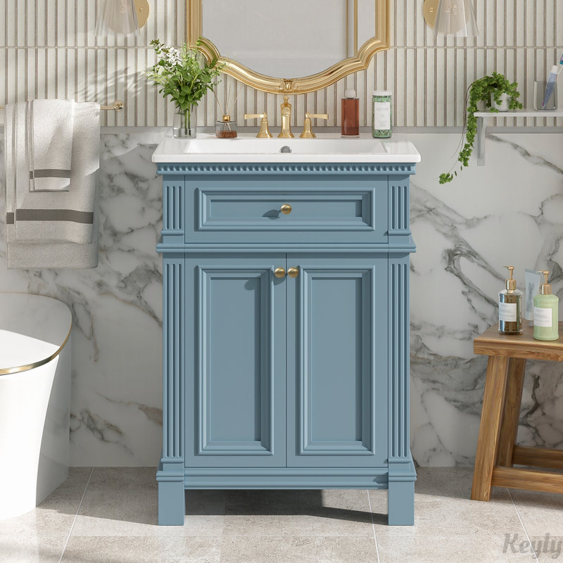 Armoire de salle de bain 24 po avec portes à fermeture douce et tablette réglable, meuble-lavabo avec lavabo en céramique