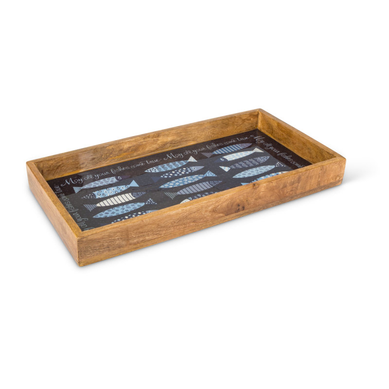 Long Rectangular Mango Wood Serving Tray with Fish Pattern