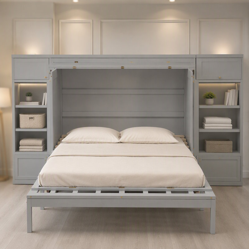 Lit escamotable mural Murphy avec tiroir et ensemble de prises, ports USB, Gris