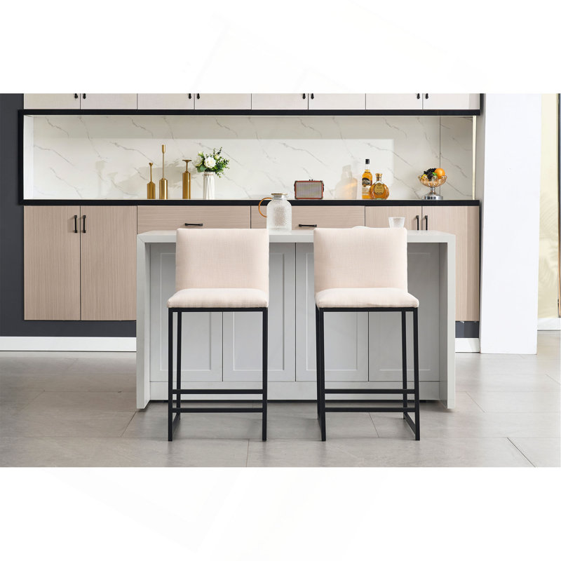 Ensemble de 2 tabourets de bar à hauteur de comptoir, chaises de bar rembourrées en lin, repose-pieds et structure en métal pour la cuisine, la salle à manger