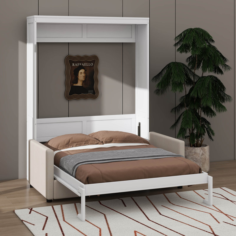 Grand lit escamotable mural avec coussin, Blanc, Grand lit