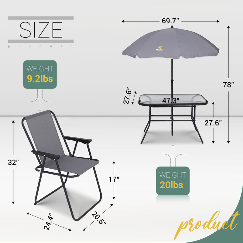 MUKE 8-Piece Patio Dining Set, Garden Outdoor Furniture Table Set with Removable Umbrella, Glass Table, and 6 Folding Chairs