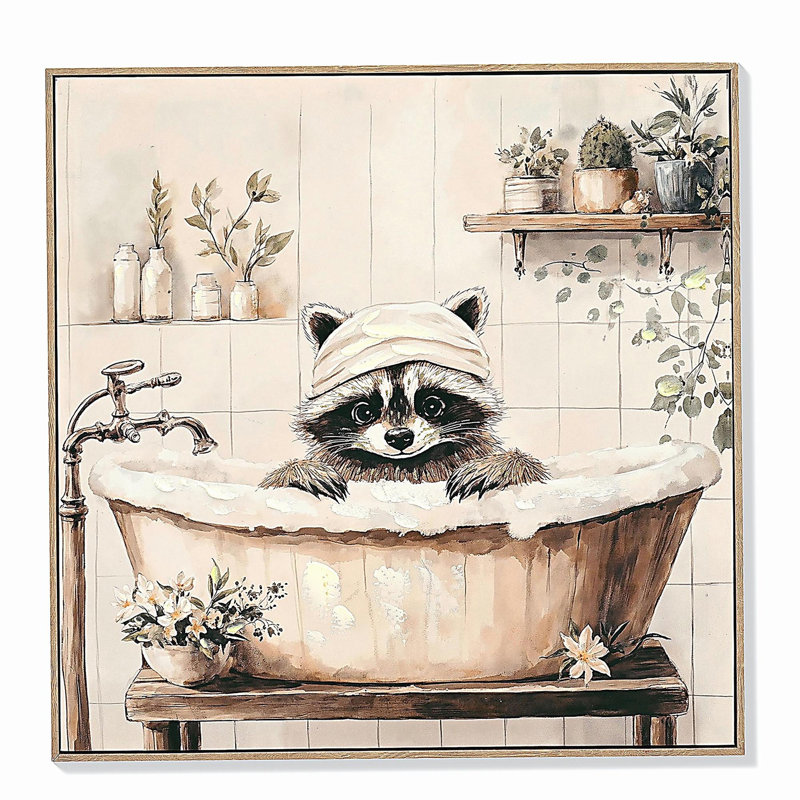 Art mural de salle de bain de raton laveur, peinture de raton laveur dans la baignoire, art mural de salle de bain animal noir et blanc