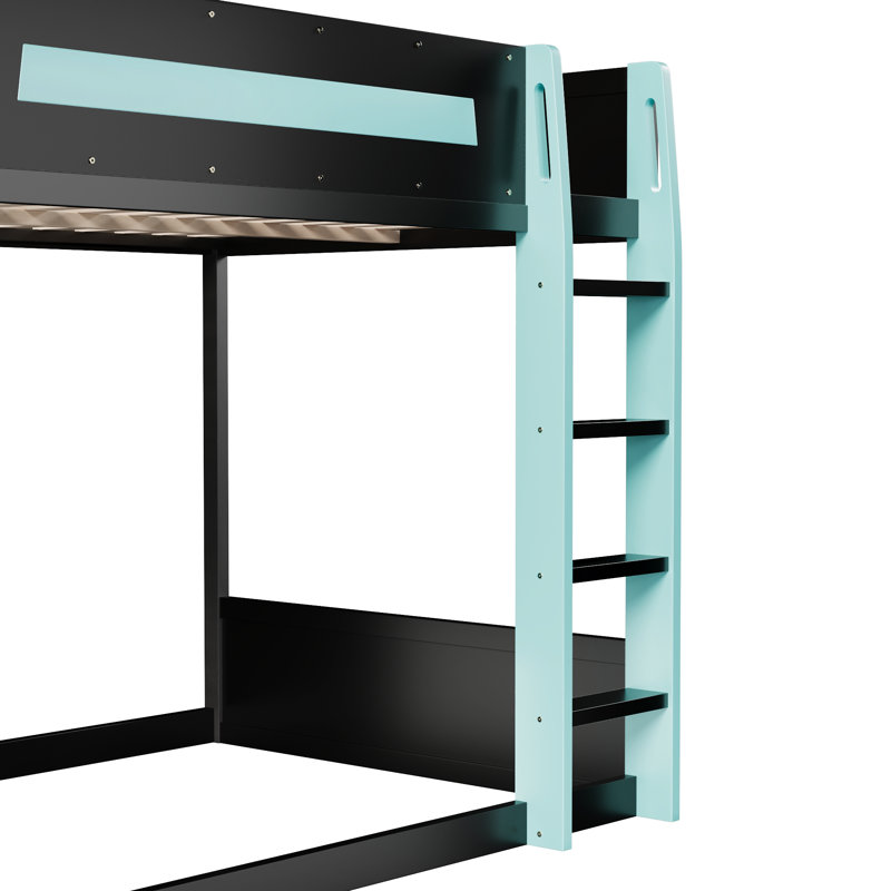 Lit simple superposé en bois avec bureau, deux tablettes de rangement, charge USB et lumière DEL, noir et bleu, Bleu