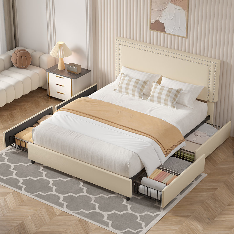 Grand lit avec tiroirs de rangement Lit plateforme tapissier avec tête de lit réglable, Grand, Beige