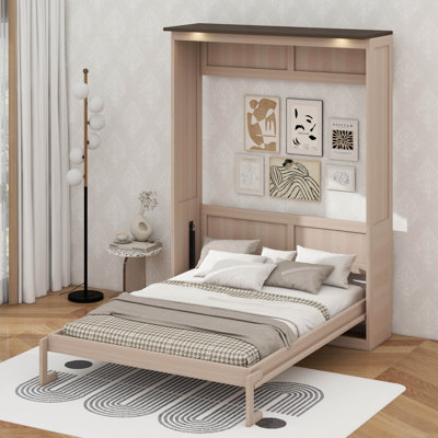 Queen Size Murphy Bed With LED, Solid Wood Space-Saving Wall Bed
