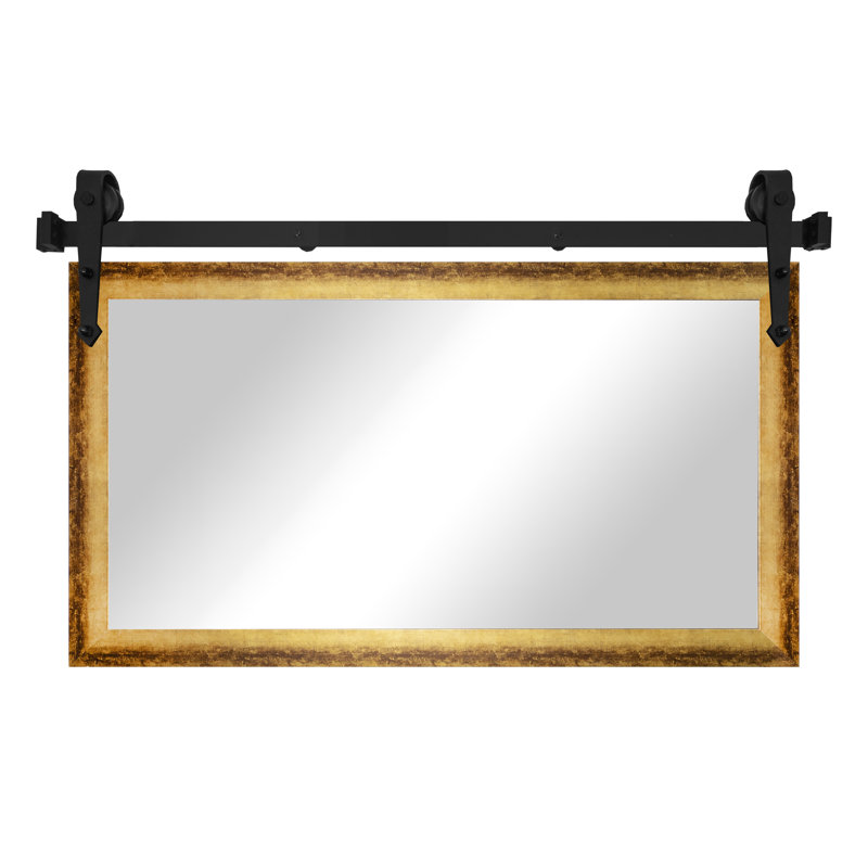 Miroir rustique moderne avec rail de porte de grange en acier, Doré et bronze, 33 po x 40 po
