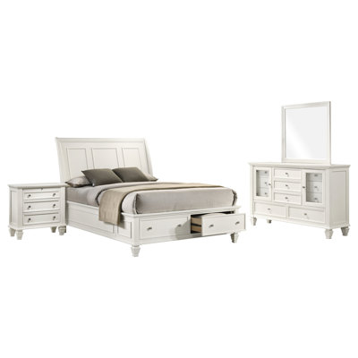 4 grands lits crème, lit en bois massif avec panneau et tiroirs à fermeture en douceur sur le lit, table de chevet, miroir de commode avec tiroirs crémeux