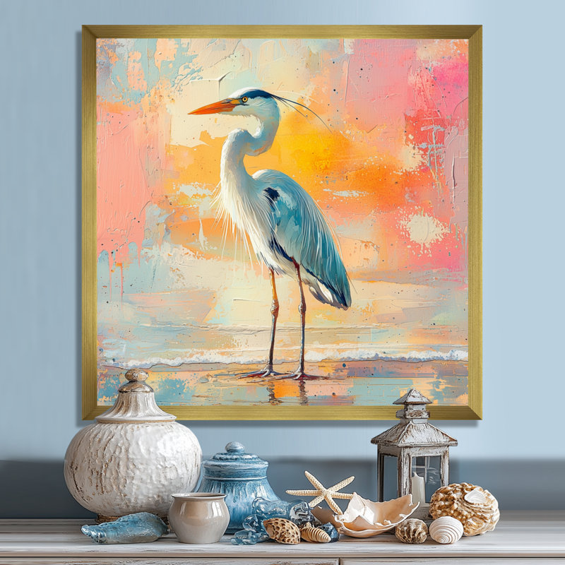 Aurelindo, héron sur le rivage - héron, art mural, H 36 po x l 36 po, Reproduction encadrée d'une seule photo, Doré