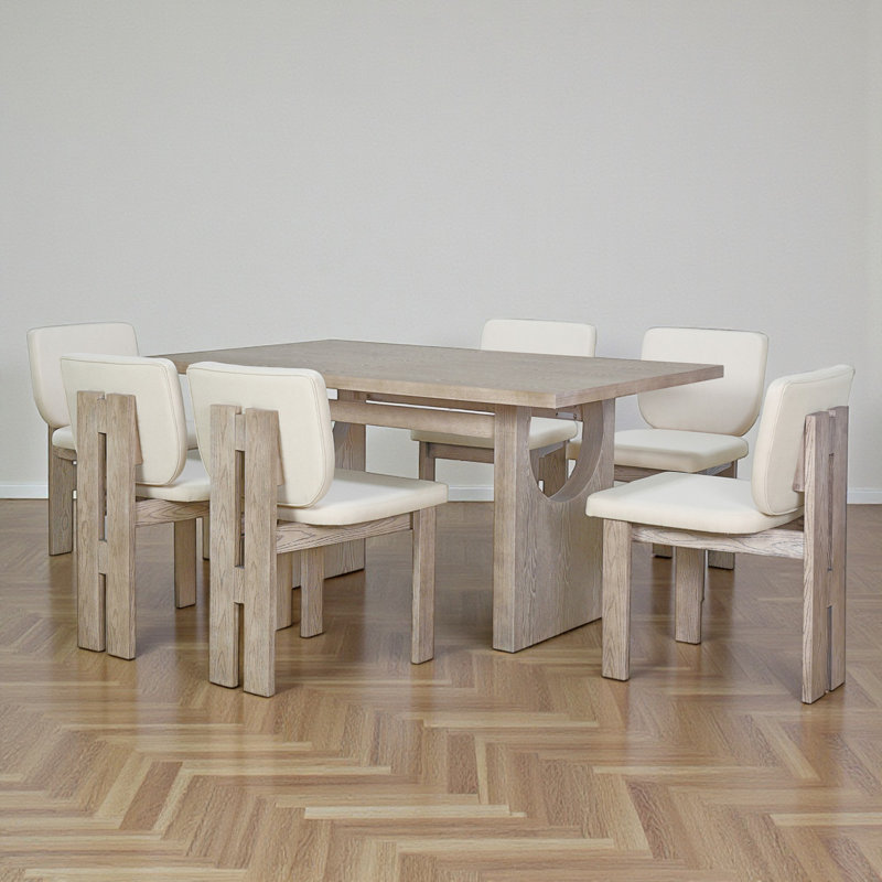 6-Person Dining Set, Rectangular Gathering Table, Wood, Upholstered Seating, Modern Farmhouse, Dining Room, Natural Wood Wash